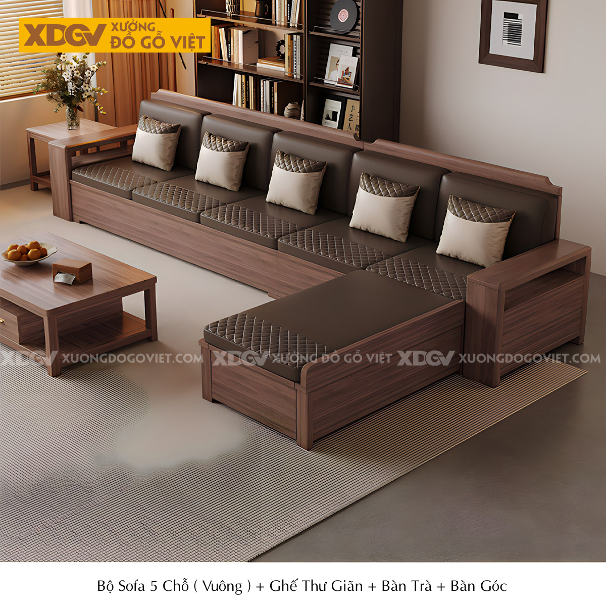 Mẫu Sofa Góc L Gỗ Óc Chó Hiện Đại Họa Tiết Kẻ Rãnh Tinh Tế