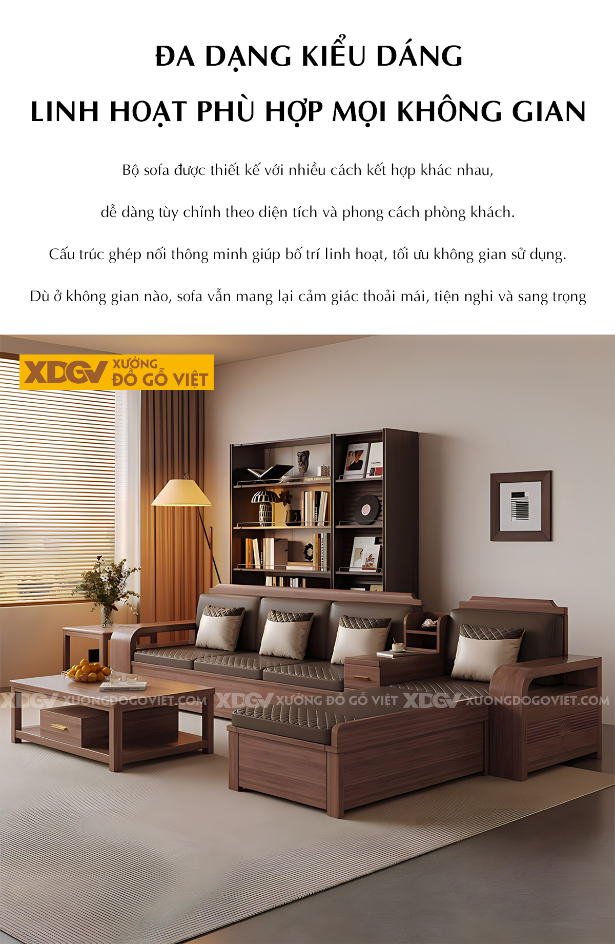 Mẫu Sofa Góc L Gỗ Óc Chó Hiện Đại Họa Tiết Kẻ Rãnh Tinh Tế