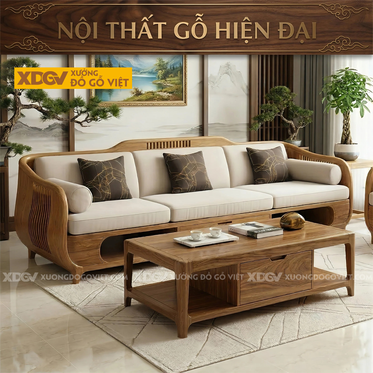 Mẫu Sofa Hiện Đại Gõ Đỏ Phối Ngăn kéo Khung Uốn Uyển Chuyển