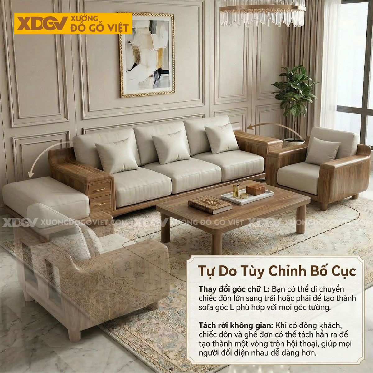 Mẫu Sofa Phòng Khách Gỗ Óc Chó Tay Hộp Kèm Ngăn Kéo Tiên Lợi