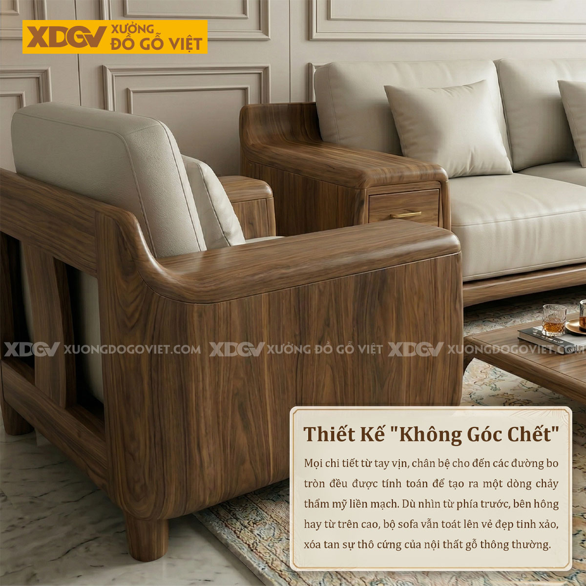 Mẫu Sofa Phòng Khách Gỗ Óc Chó Tay Hộp Kèm Ngăn Kéo Tiên Lợi