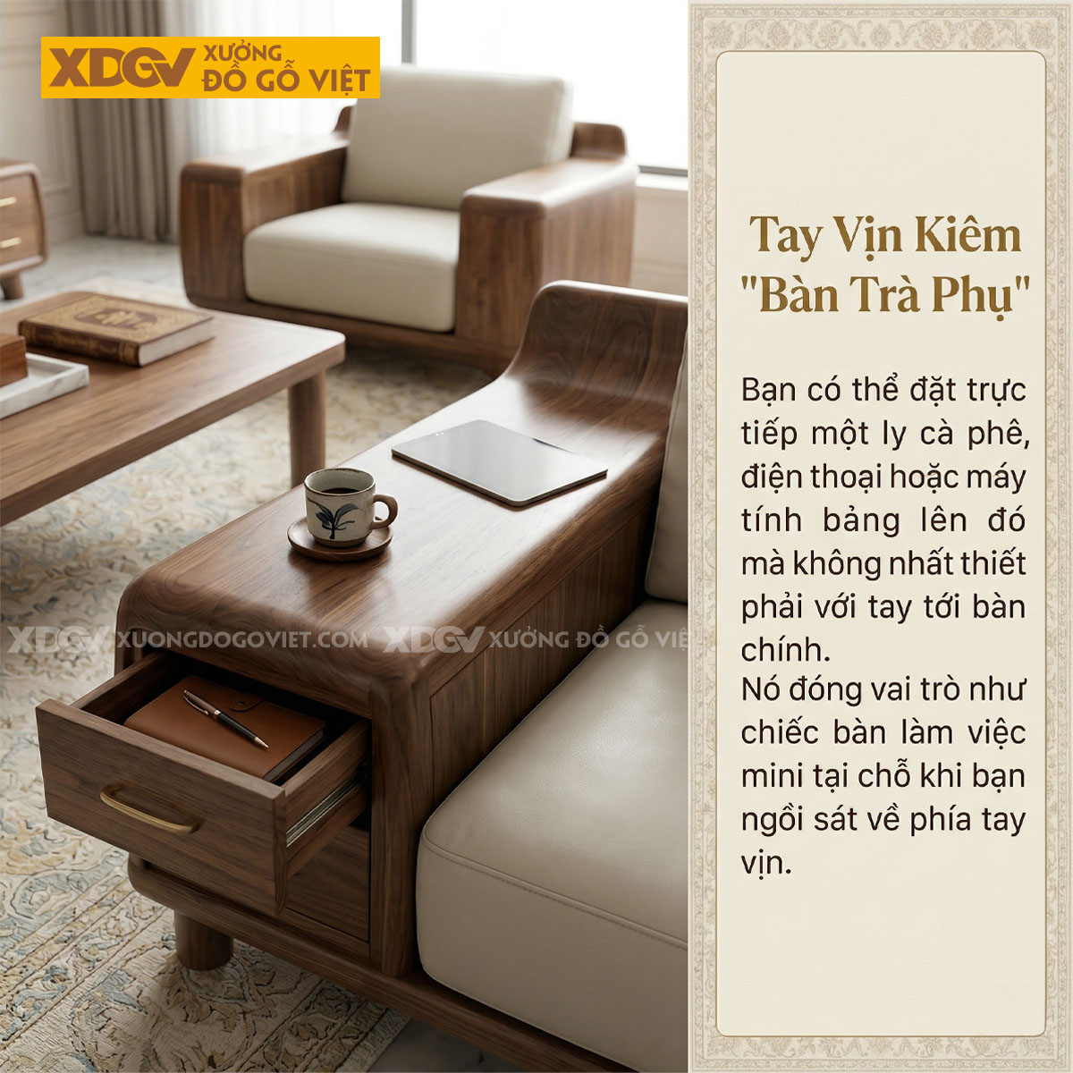 Mẫu Sofa Phòng Khách Gỗ Óc Chó Tay Hộp Kèm Ngăn Kéo Tiên Lợi