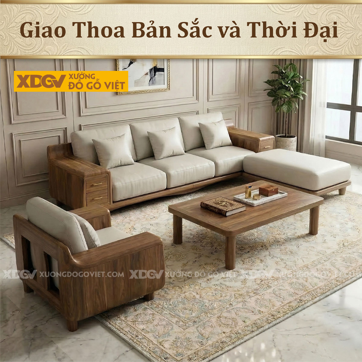 Mẫu Sofa Phòng Khách Gỗ Óc Chó Tay Hộp Kèm Ngăn Kéo Tiên Lợi