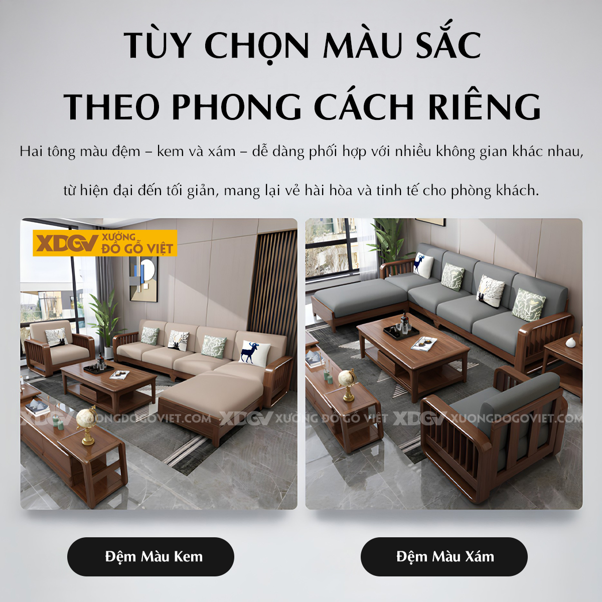 Mẫu Sofa Phòng Khách Gỗ Sồi Hiện Đại Chân Bệt Tay Bo Tròn