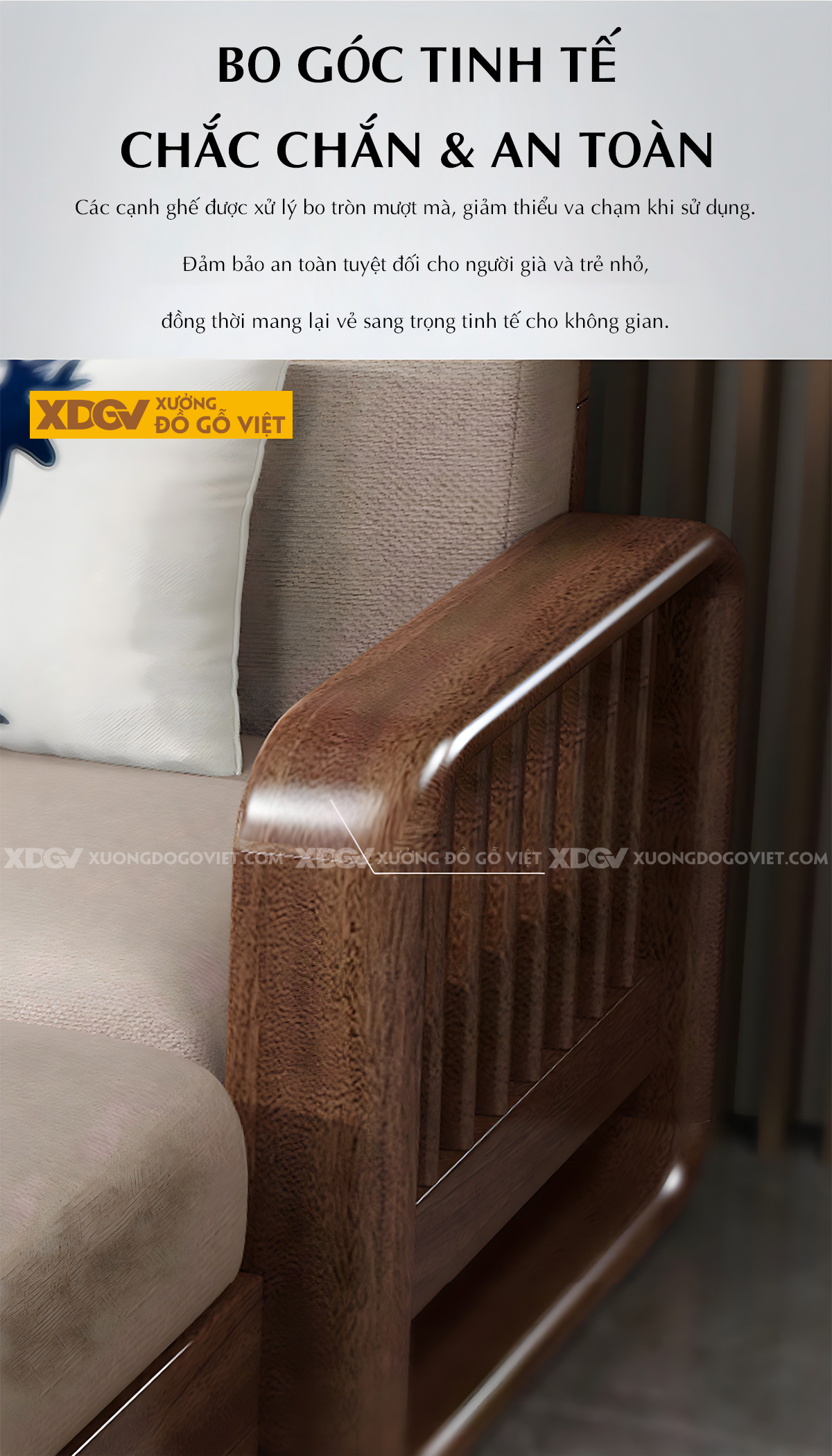 Mẫu Sofa Phòng Khách Gỗ Sồi Hiện Đại Chân Bệt Tay Bo Tròn