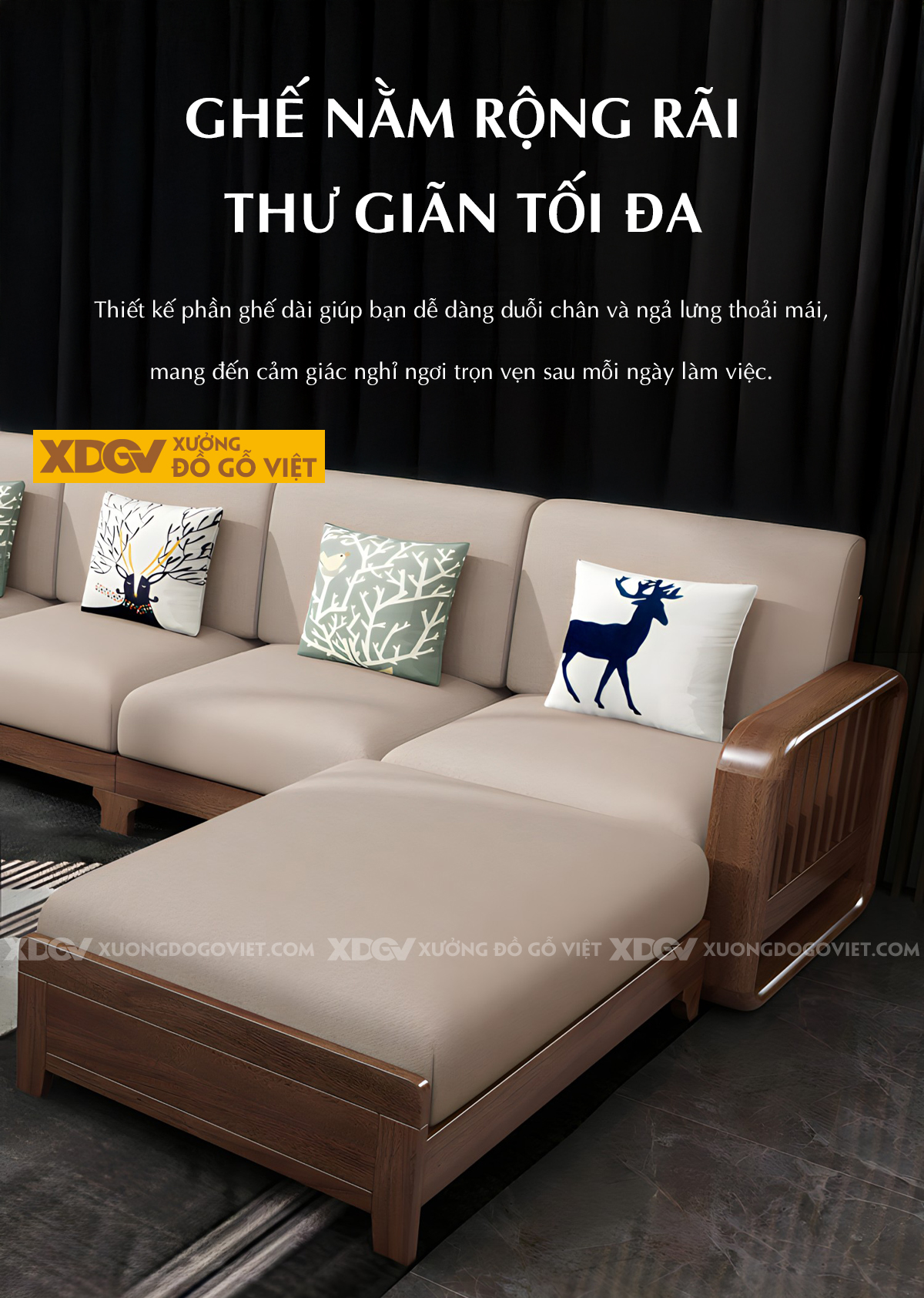 Mẫu Sofa Phòng Khách Gỗ Sồi Hiện Đại Chân Bệt Tay Bo Tròn