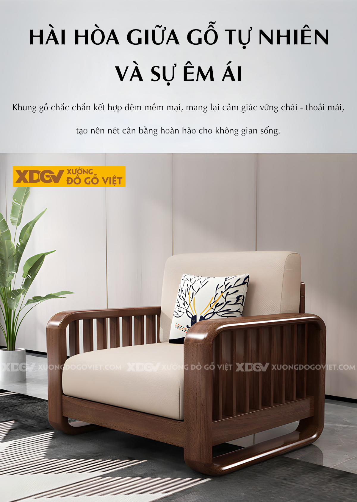 Mẫu Sofa Phòng Khách Gỗ Sồi Hiện Đại Chân Bệt Tay Bo Tròn