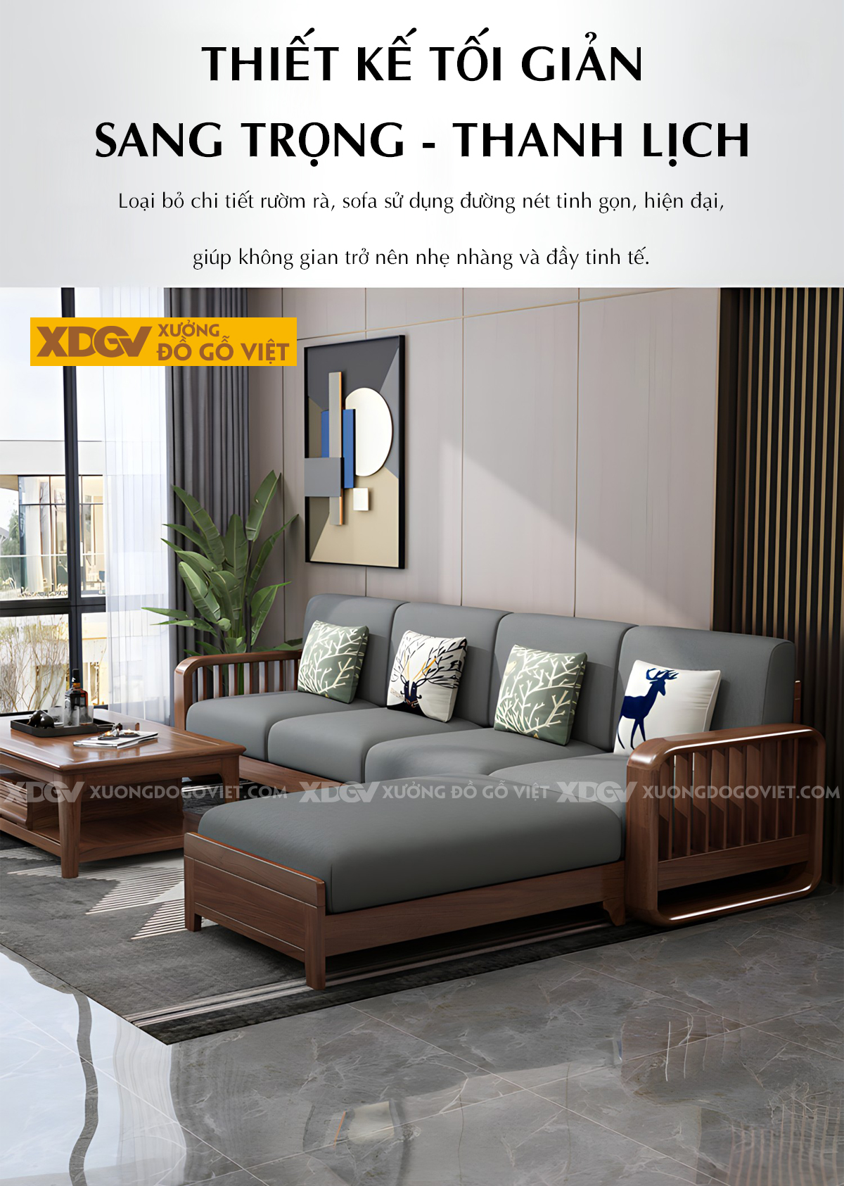 Mẫu Sofa Phòng Khách Gỗ Sồi Hiện Đại Chân Bệt Tay Bo Tròn