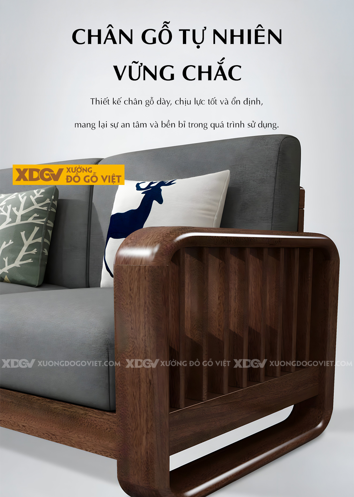 Mẫu Sofa Phòng Khách Gỗ Sồi Hiện Đại Chân Bệt Tay Bo Tròn