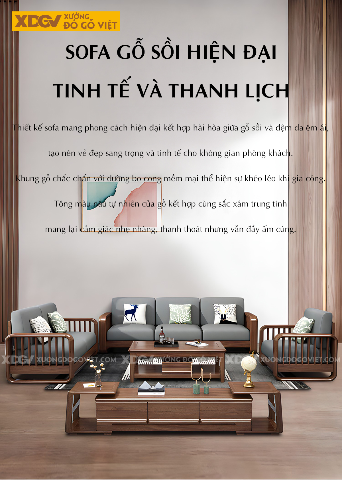 Mẫu Sofa Phòng Khách Gỗ Sồi Hiện Đại Chân Bệt Tay Bo Tròn