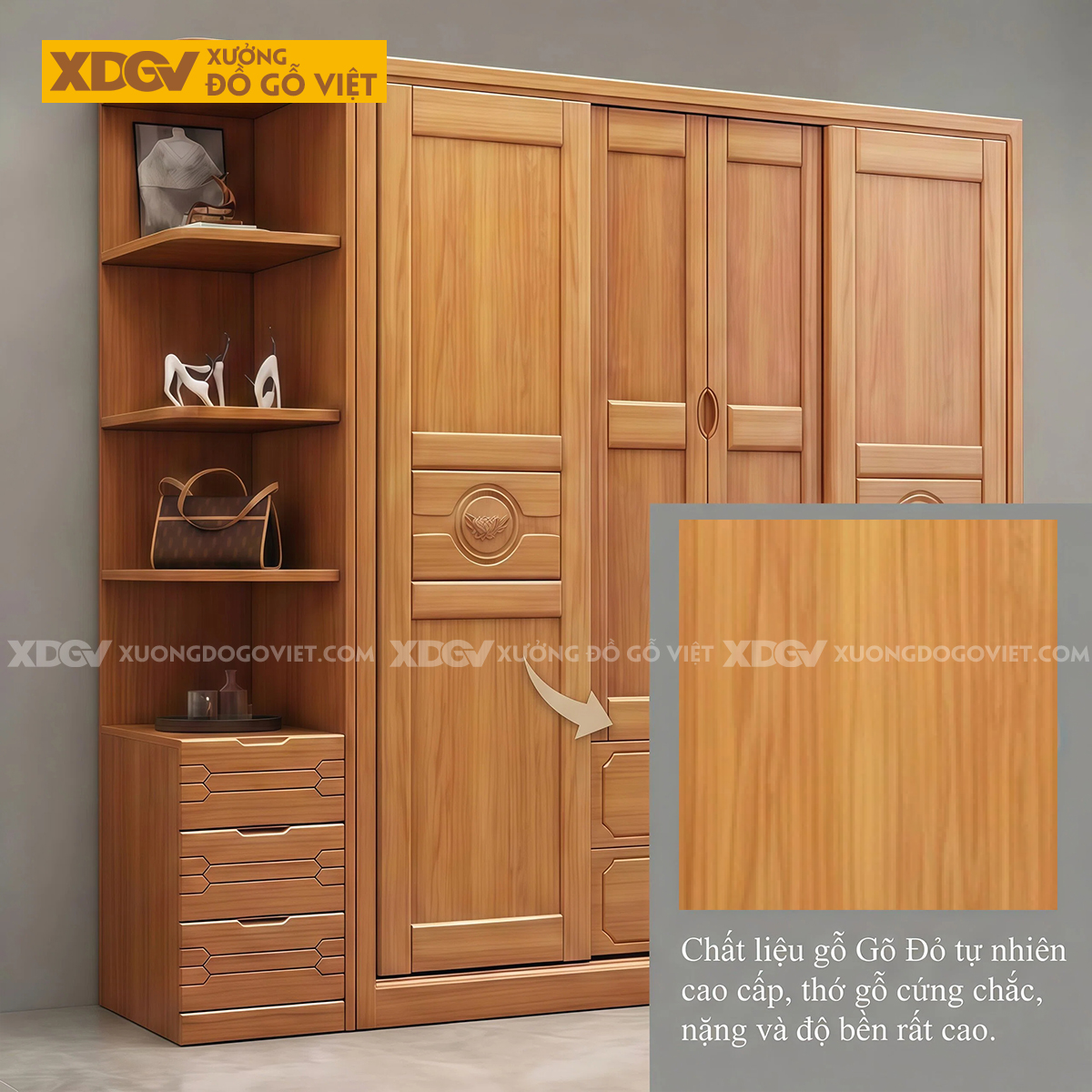 Mẫu Tủ Áo Gỗ Gõ Đỏ Cổ Điển Họa Tiết Nghệ Thuật Có Kệ Bên