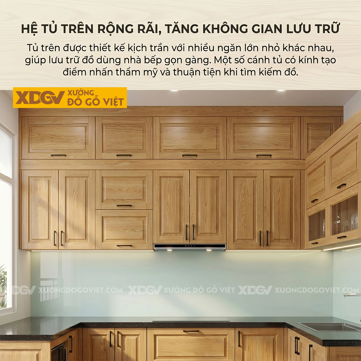 Mẫu Tủ Bếp Cho Gia Đình Gỗ Sồi Dáng Chữ U Ốp Mặt Đá Đen