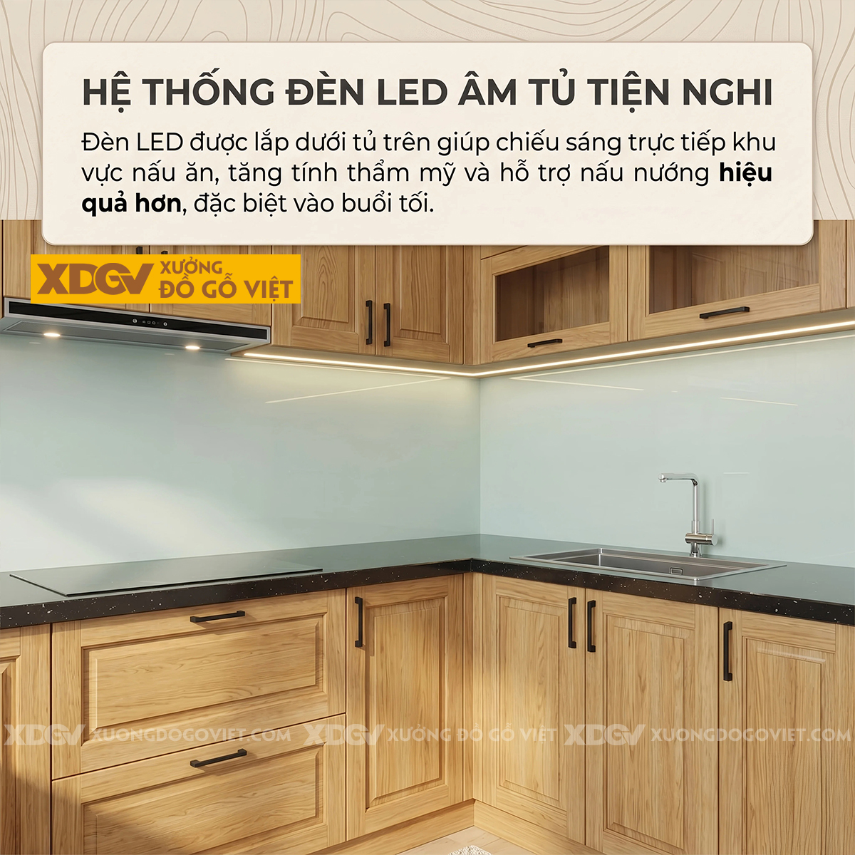 Mẫu Tủ Bếp Cho Gia Đình Gỗ Sồi Dáng Chữ U Ốp Mặt Đá Đen