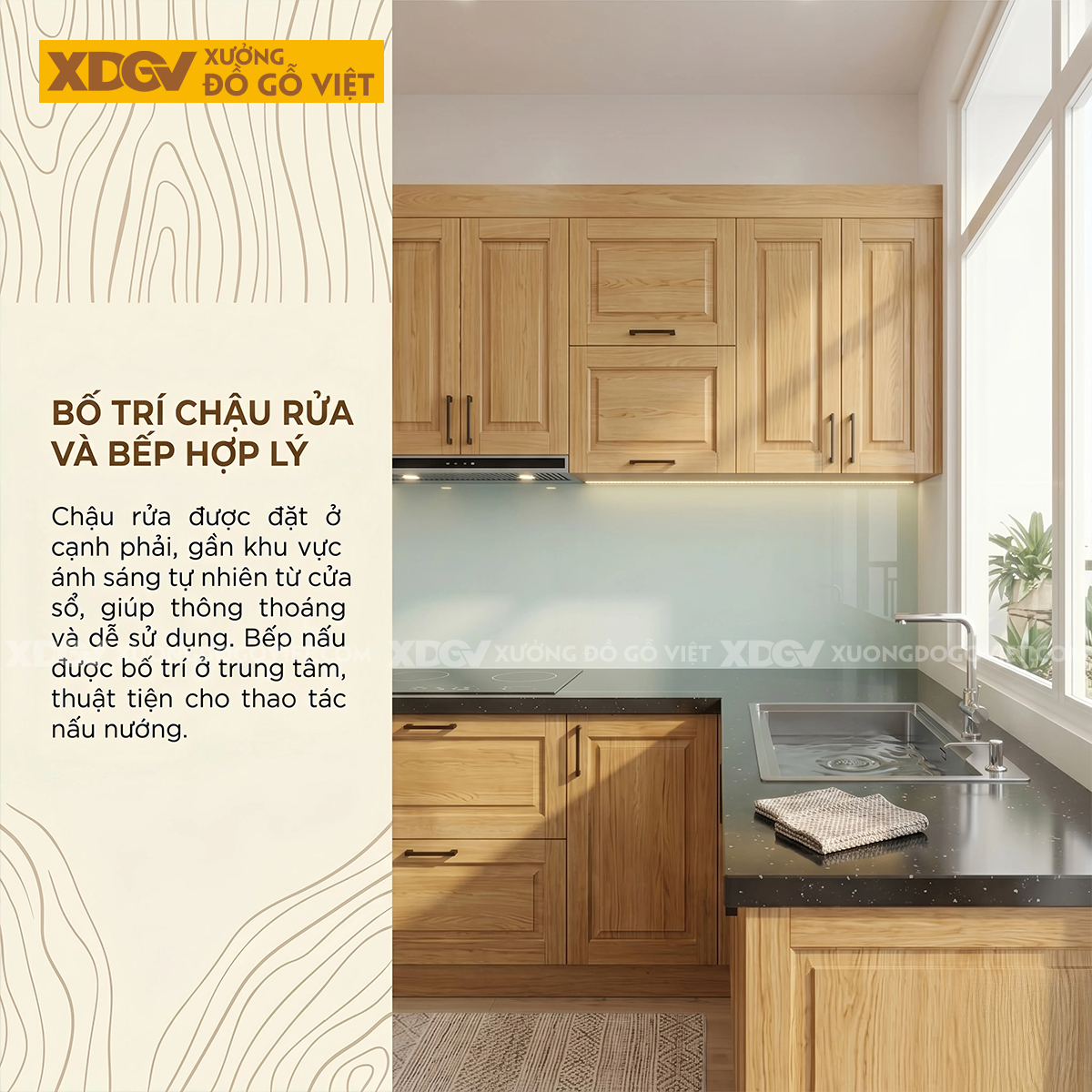 Mẫu Tủ Bếp Cho Gia Đình Gỗ Sồi Dáng Chữ U Ốp Mặt Đá Đen