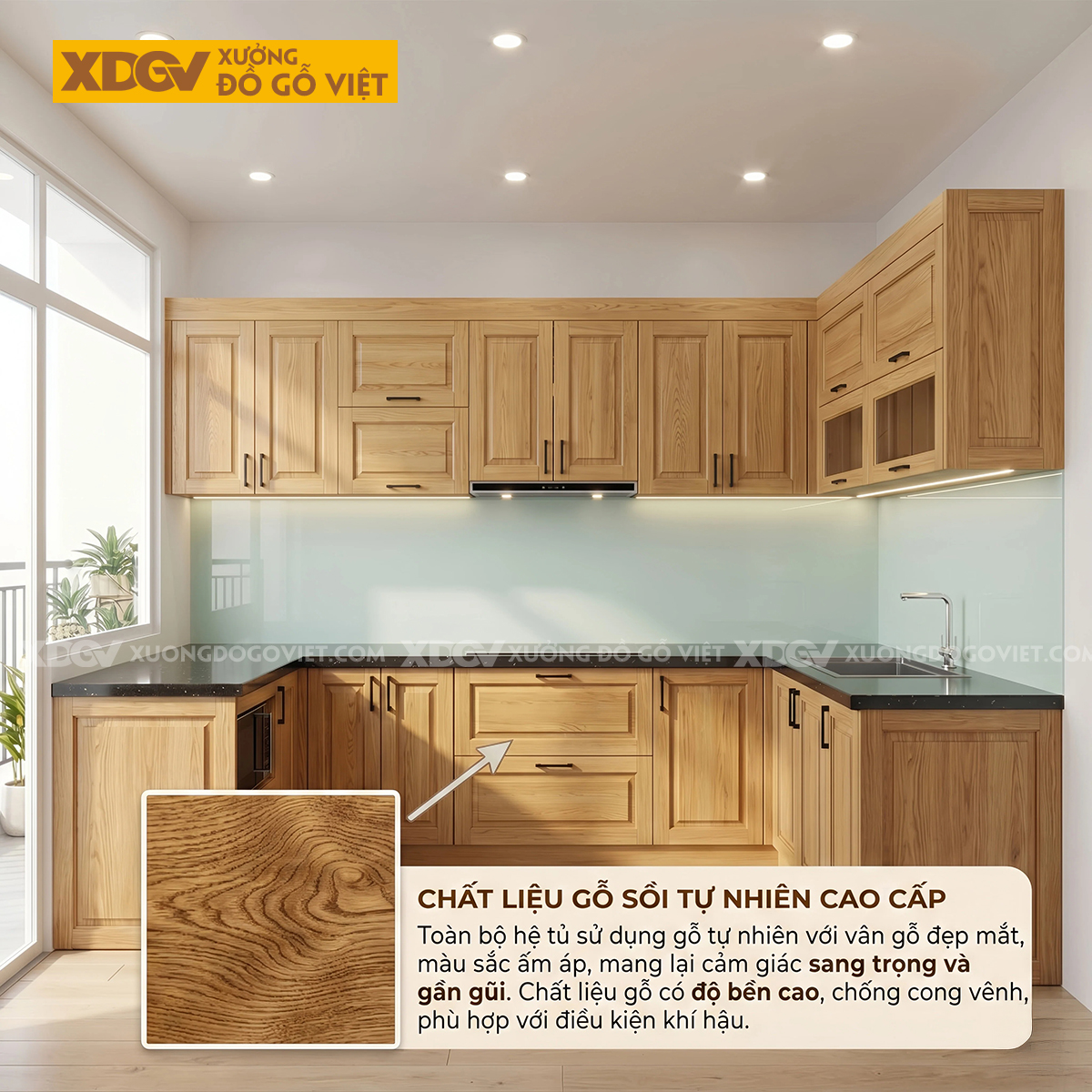 Mẫu Tủ Bếp Cho Gia Đình Gỗ Sồi Dáng Chữ U Ốp Mặt Đá Đen