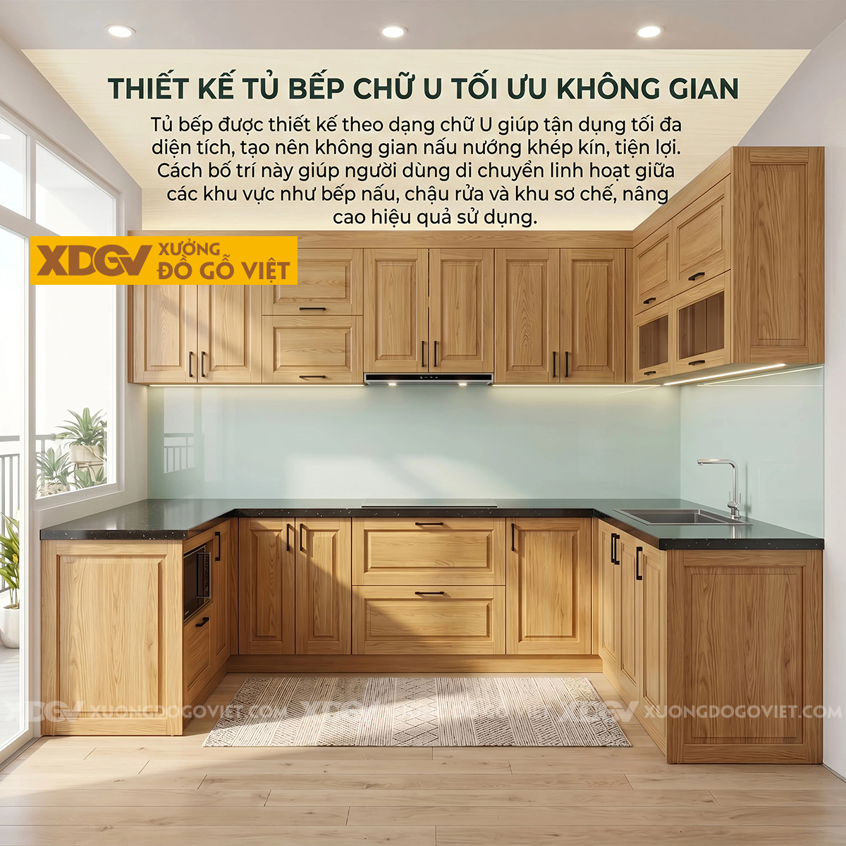 Mẫu Tủ Bếp Cho Gia Đình Gỗ Sồi Dáng Chữ U Ốp Mặt Đá Đen