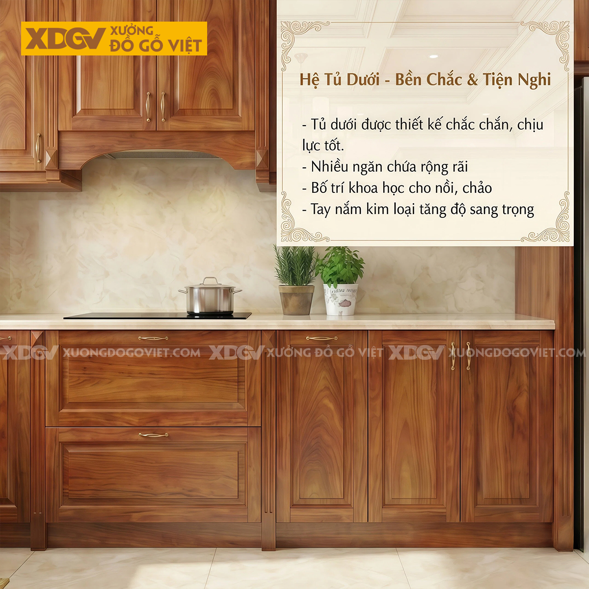 Mẫu Tủ Bếp Gỗ Gõ Đỏ Chữ L Bố Trí Thông Minh Phối Cánh Kính