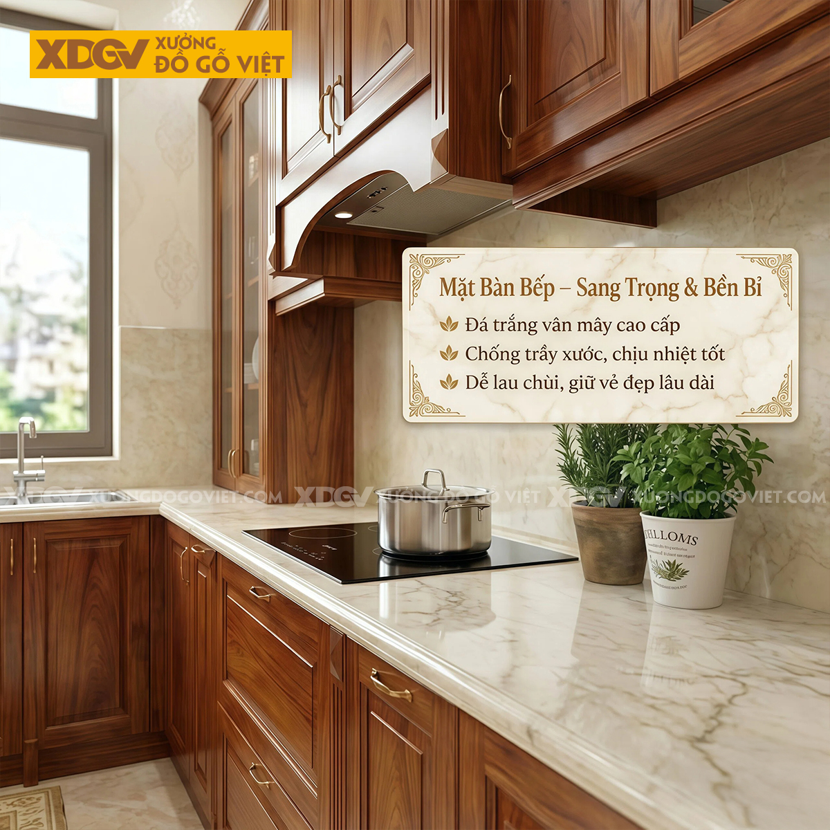 Mẫu Tủ Bếp Gỗ Gõ Đỏ Chữ L Bố Trí Thông Minh Phối Cánh Kính