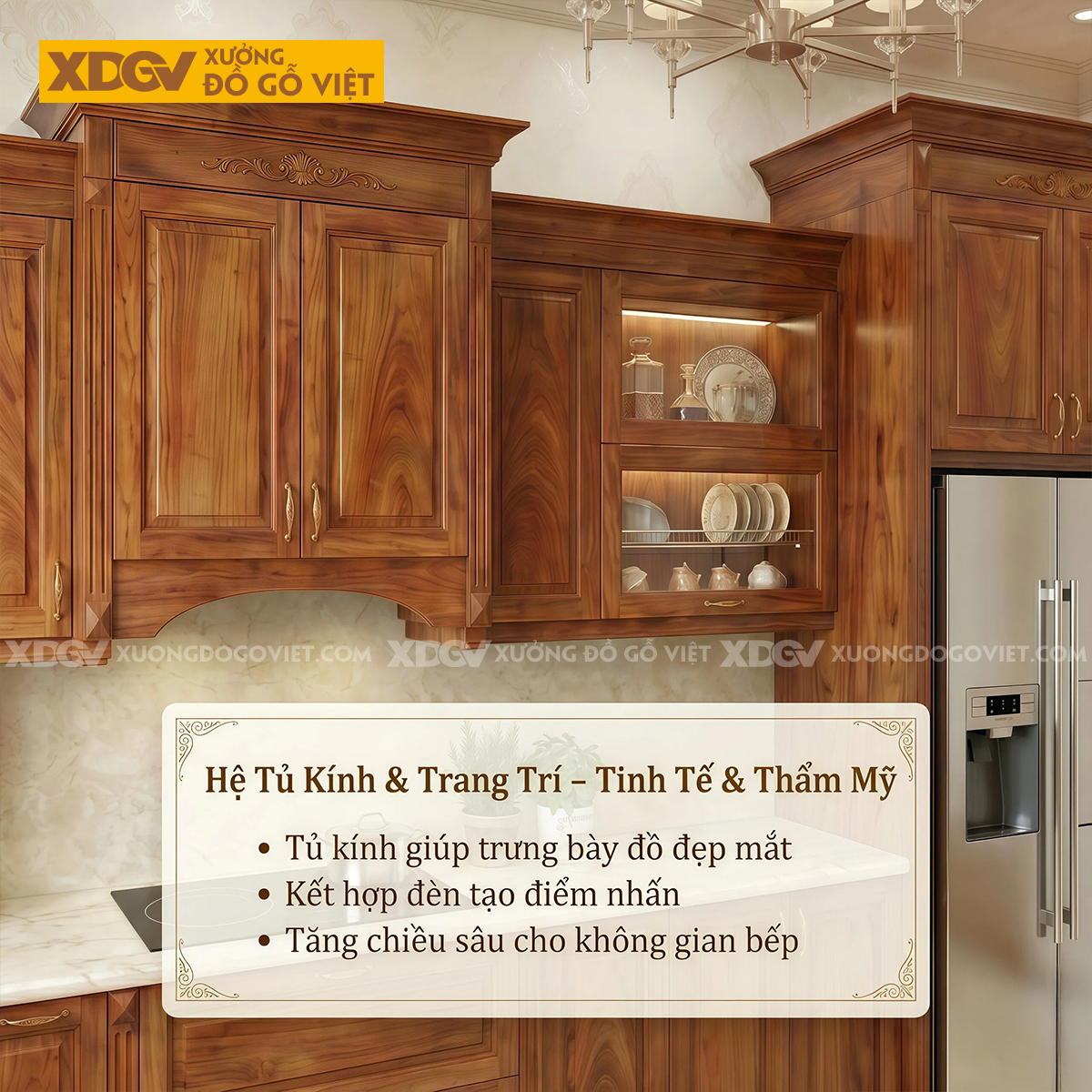 Mẫu Tủ Bếp Gỗ Gõ Đỏ Chữ L Bố Trí Thông Minh Phối Cánh Kính