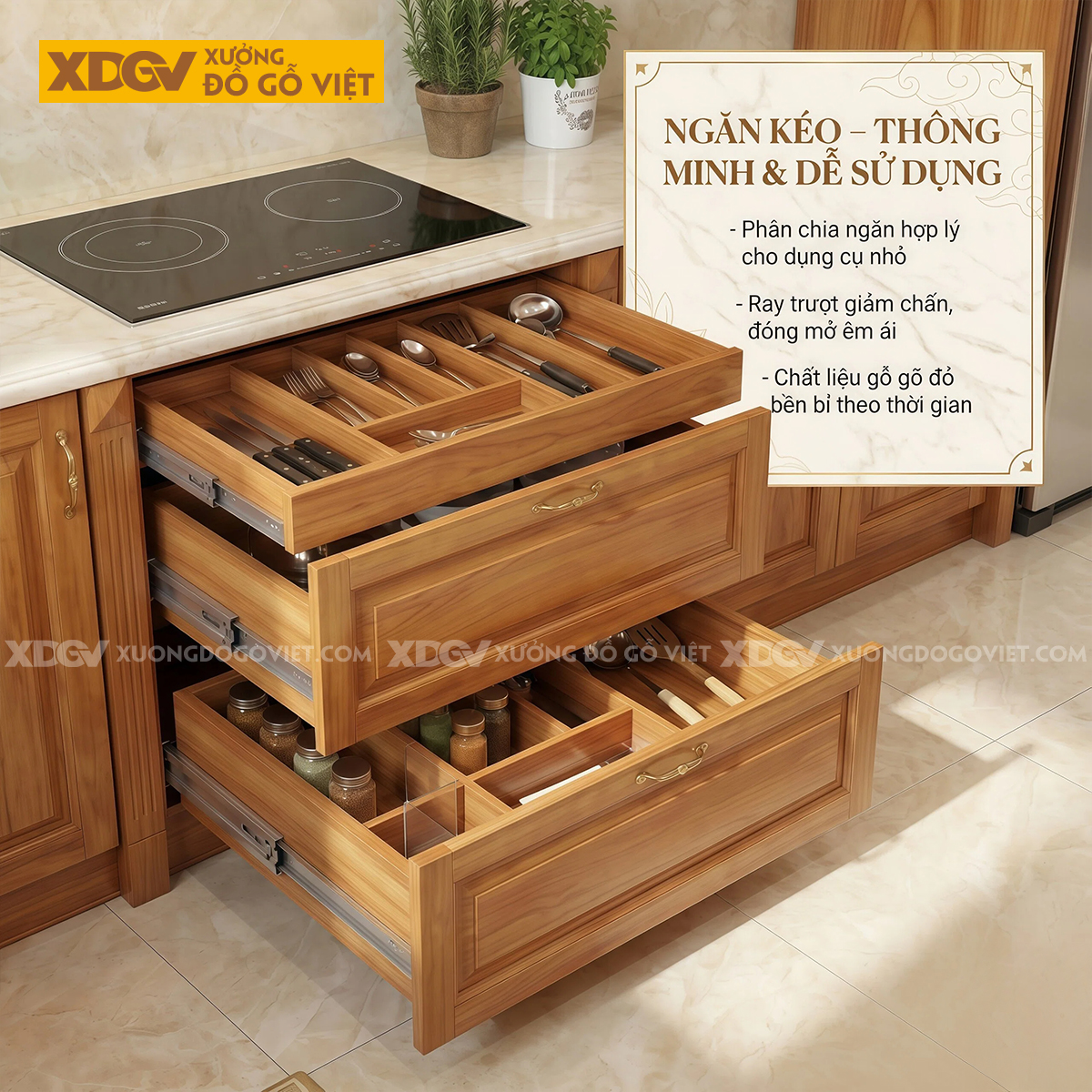 Mẫu Tủ Bếp Gỗ Gõ Đỏ Chữ L Bố Trí Thông Minh Phối Cánh Kính