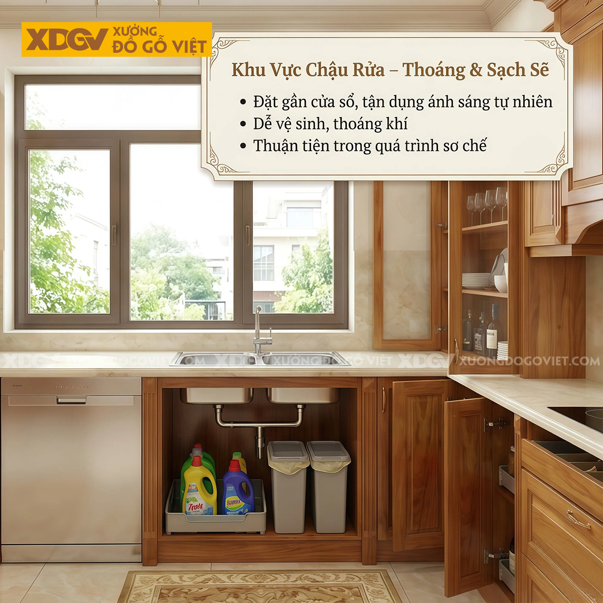 Mẫu Tủ Bếp Gỗ Gõ Đỏ Chữ L Bố Trí Thông Minh Phối Cánh Kính