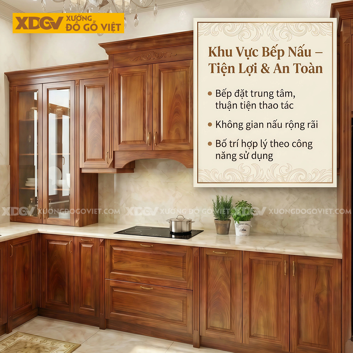 Mẫu Tủ Bếp Gỗ Gõ Đỏ Chữ L Bố Trí Thông Minh Phối Cánh Kính