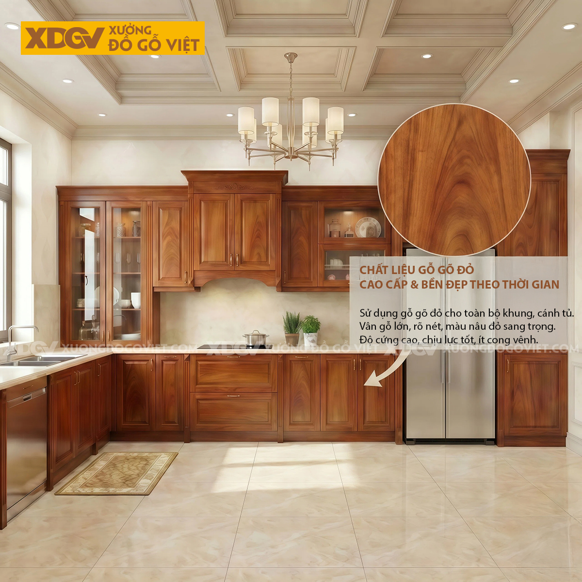 Mẫu Tủ Bếp Gỗ Gõ Đỏ Chữ L Bố Trí Thông Minh Phối Cánh Kính