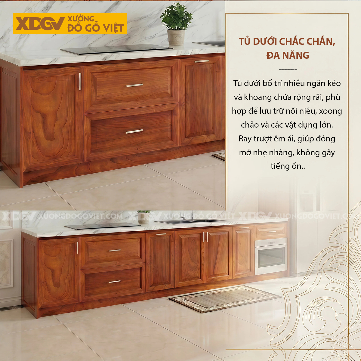 Mẫu Tủ Bếp Gỗ Gõ Đỏ Hiện Đại Kết Cấu Trên Dưới Ốp Đá Phối Tủ