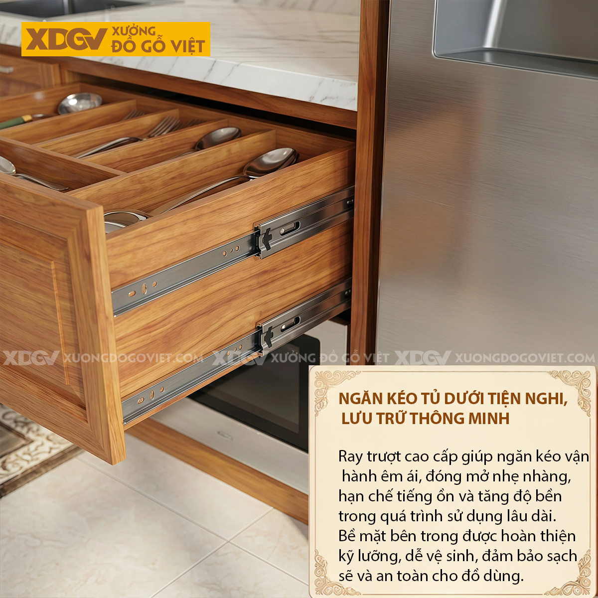 Mẫu Tủ Bếp Gỗ Gõ Đỏ Hiện Đại Kết Cấu Trên Dưới Ốp Đá Phối Tủ