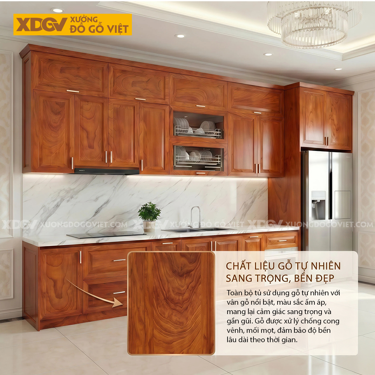 Mẫu Tủ Bếp Gỗ Gõ Đỏ Hiện Đại Kết Cấu Trên Dưới Ốp Đá Phối Tủ