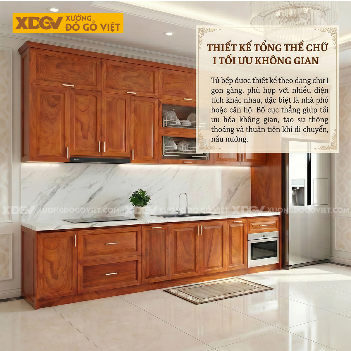 Mẫu Tủ Bếp Gỗ Gõ Đỏ Hiện Đại Kết Cấu Trên Dưới Ốp Đá Phối Tủ