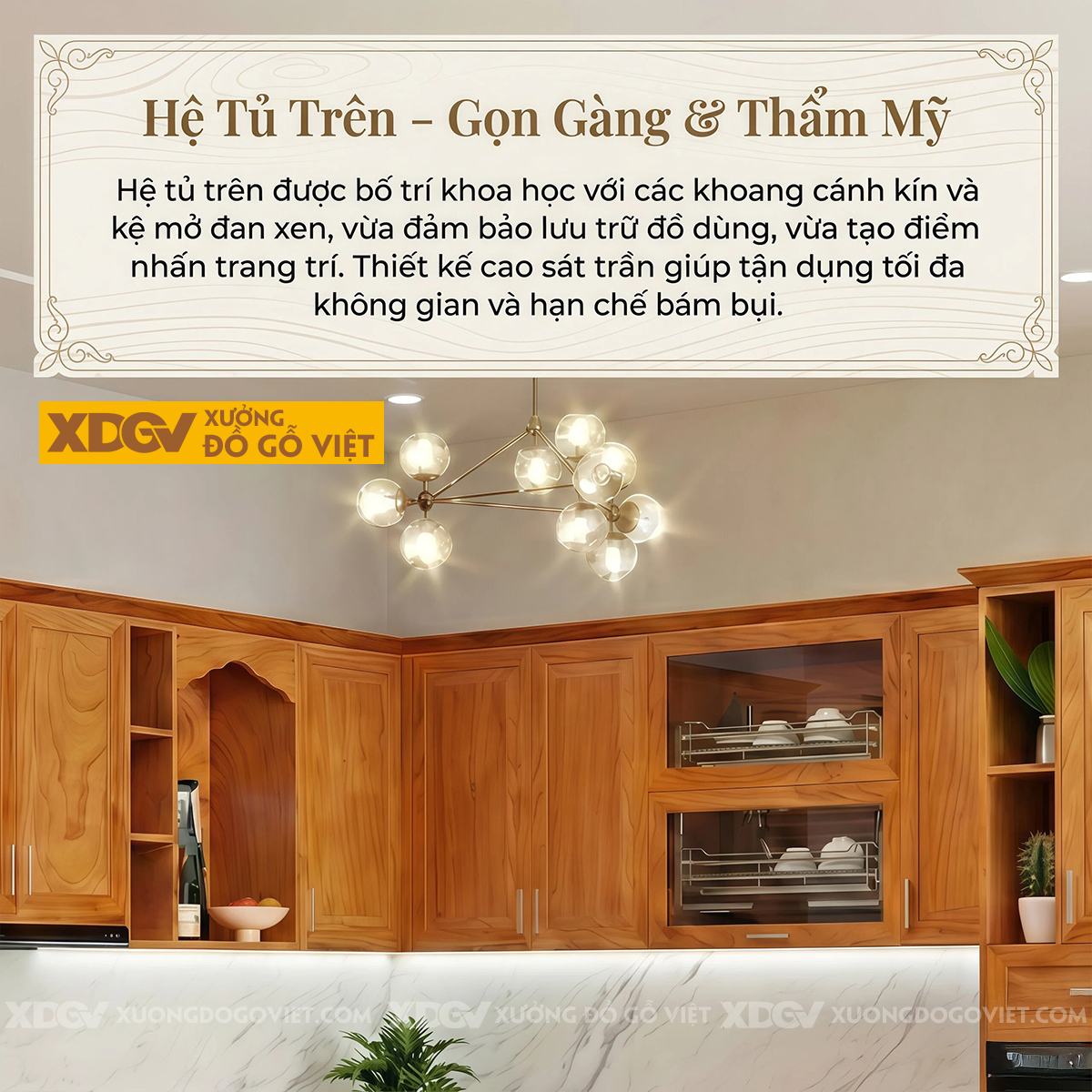Mẫu Tủ Bếp Gỗ Gõ Đỏ Hình Chữ L Đá Ốp Liền Mạch Sang Trọng