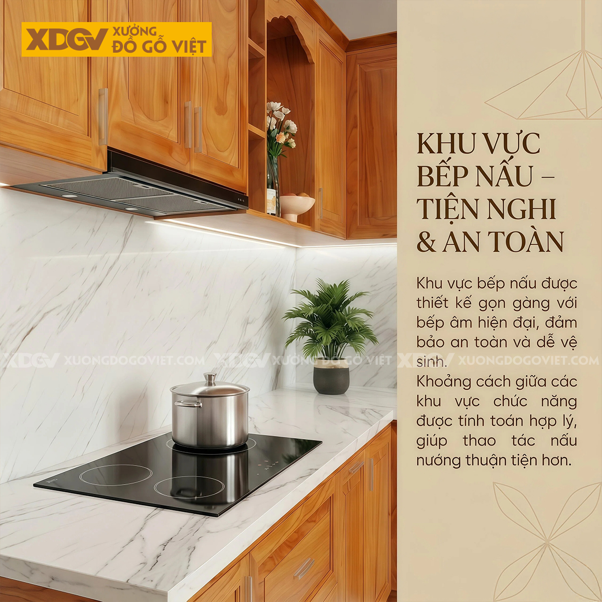 Mẫu Tủ Bếp Gỗ Gõ Đỏ Hình Chữ L Đá Ốp Liền Mạch Sang Trọng