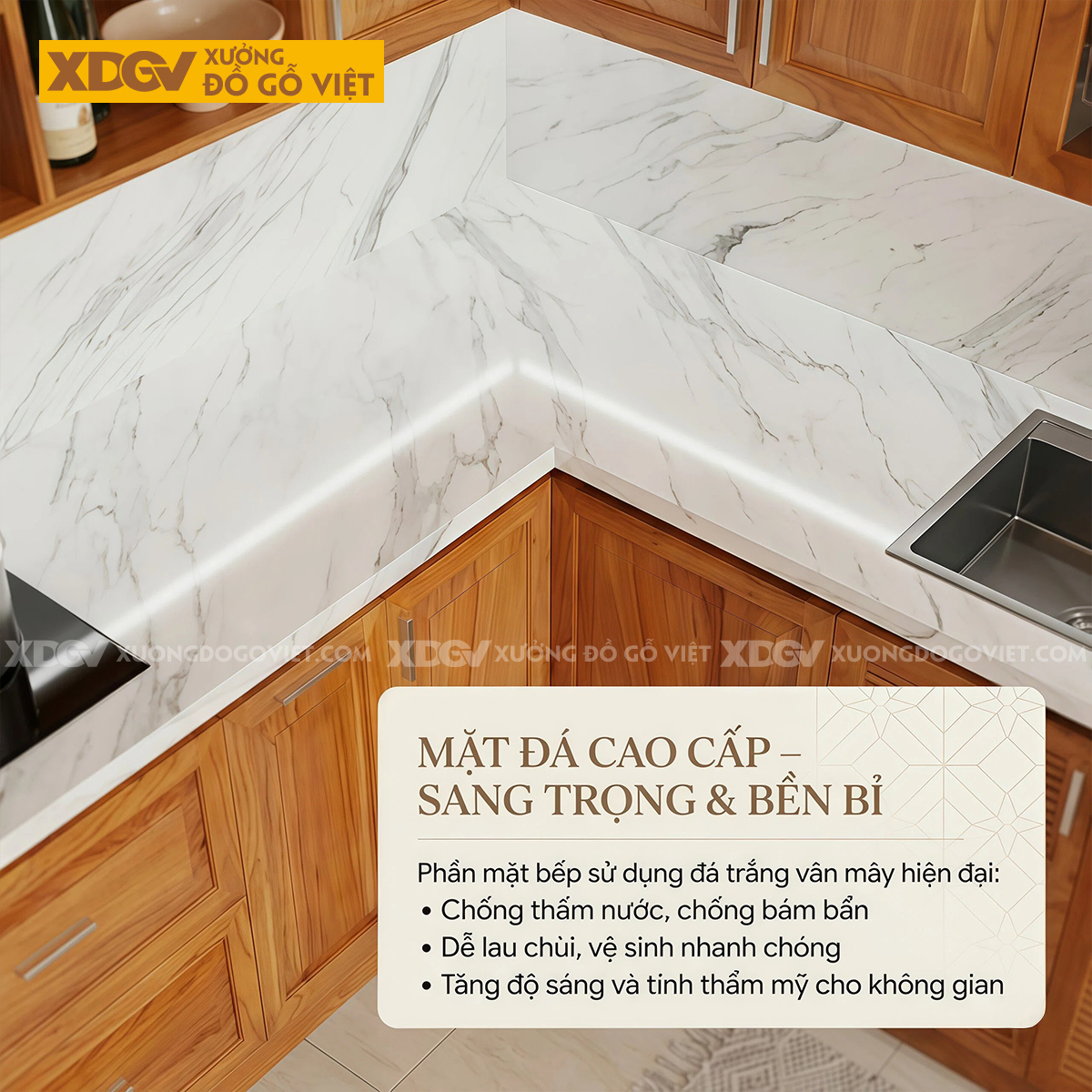 Mẫu Tủ Bếp Gỗ Gõ Đỏ Hình Chữ L Đá Ốp Liền Mạch Sang Trọng