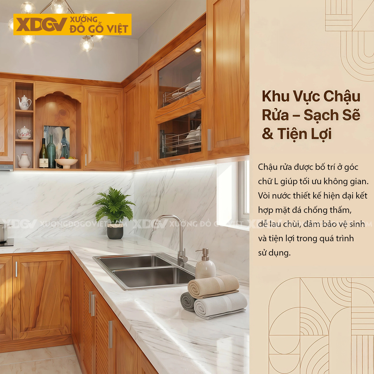 Mẫu Tủ Bếp Gỗ Gõ Đỏ Hình Chữ L Đá Ốp Liền Mạch Sang Trọng