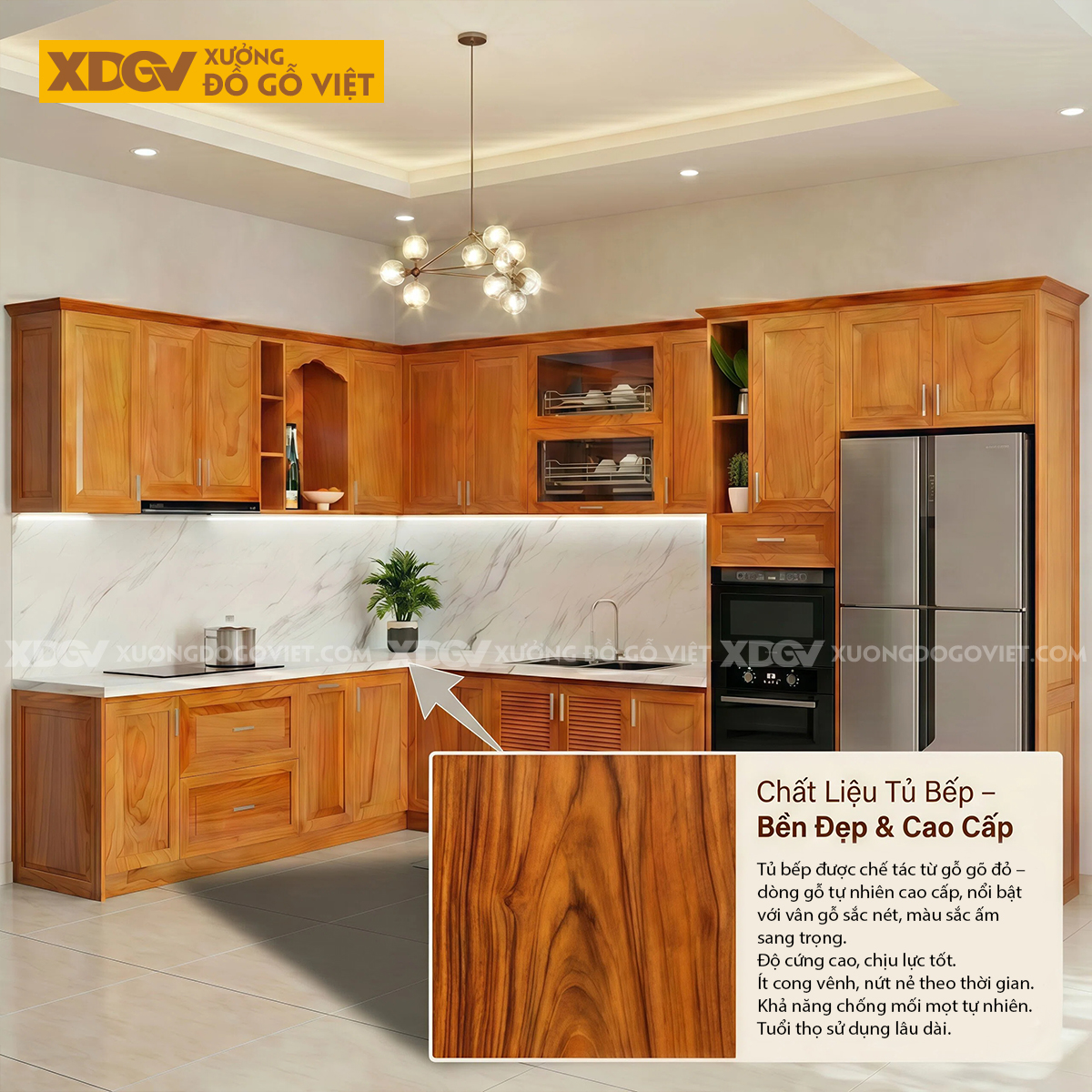Mẫu Tủ Bếp Gỗ Gõ Đỏ Hình Chữ L Đá Ốp Liền Mạch Sang Trọng