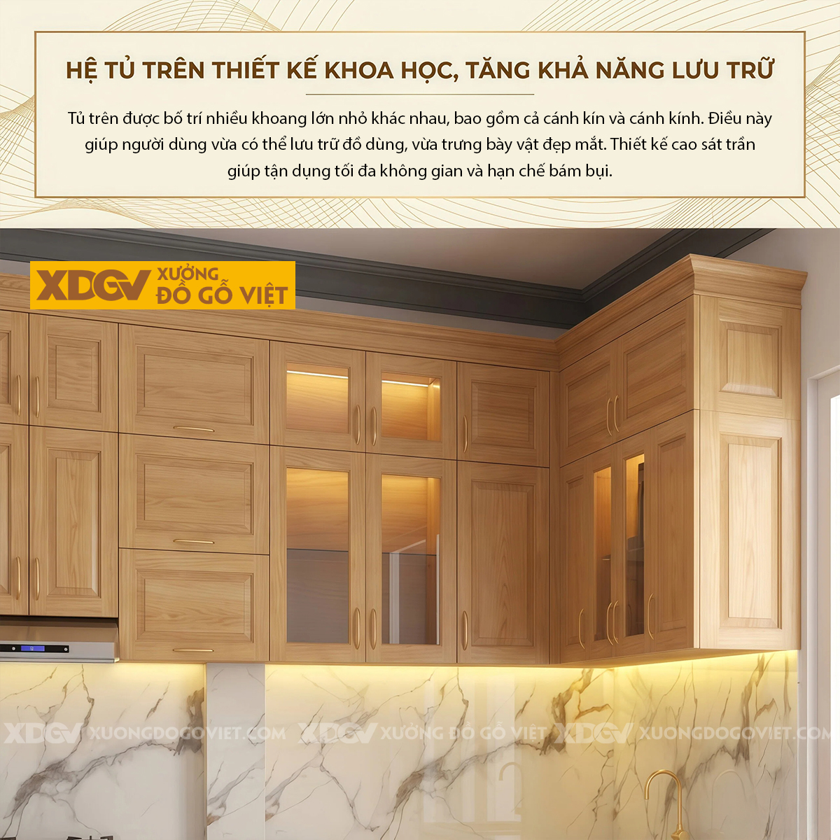 Mẫu Tủ Bếp Gỗ Sồi Dáng Chữ L Đa Ngăn Lưu Trữ Ốp Đá Trắng