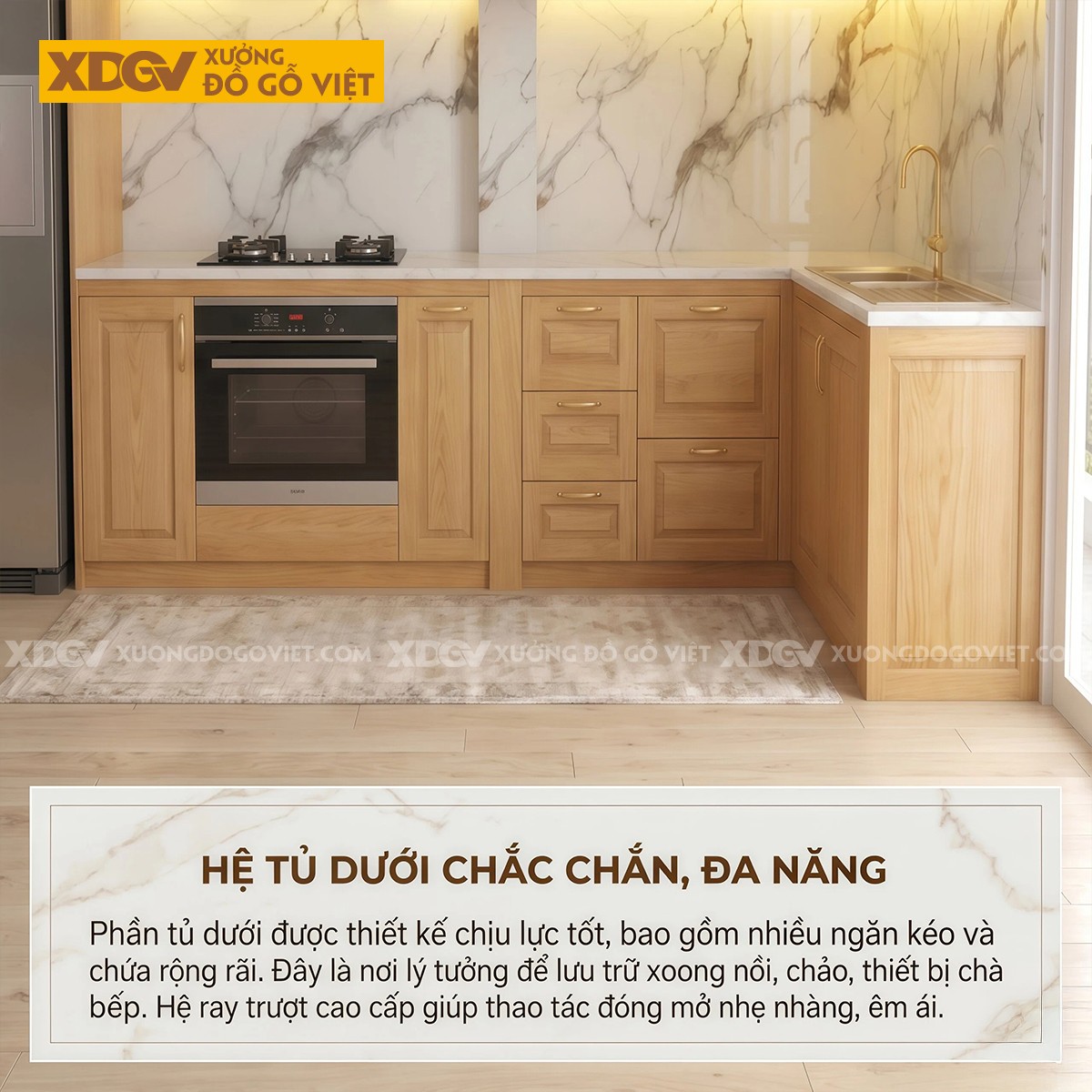Mẫu Tủ Bếp Gỗ Sồi Dáng Chữ L Đa Ngăn Lưu Trữ Ốp Đá Trắng