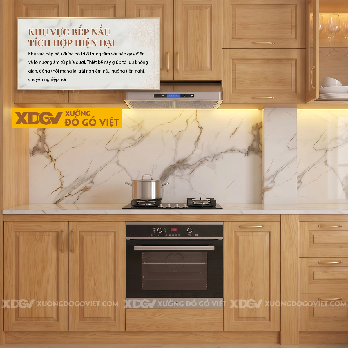 Mẫu Tủ Bếp Gỗ Sồi Dáng Chữ L Đa Ngăn Lưu Trữ Ốp Đá Trắng