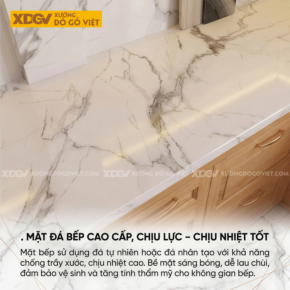 Mẫu Tủ Bếp Gỗ Sồi Dáng Chữ L Đa Ngăn Lưu Trữ Ốp Đá Trắng