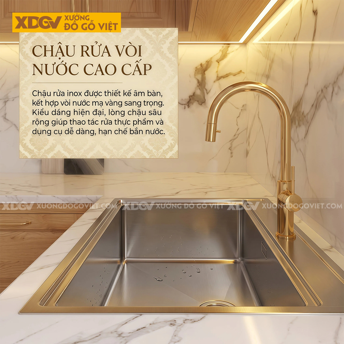 Mẫu Tủ Bếp Gỗ Sồi Dáng Chữ L Đa Ngăn Lưu Trữ Ốp Đá Trắng