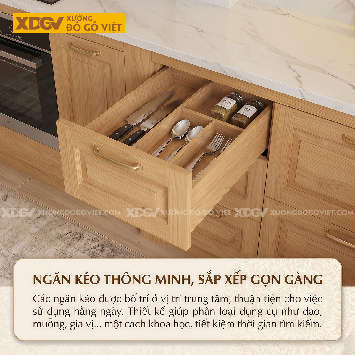 Mẫu Tủ Bếp Gỗ Sồi Dáng Chữ L Đa Ngăn Lưu Trữ Ốp Đá Trắng