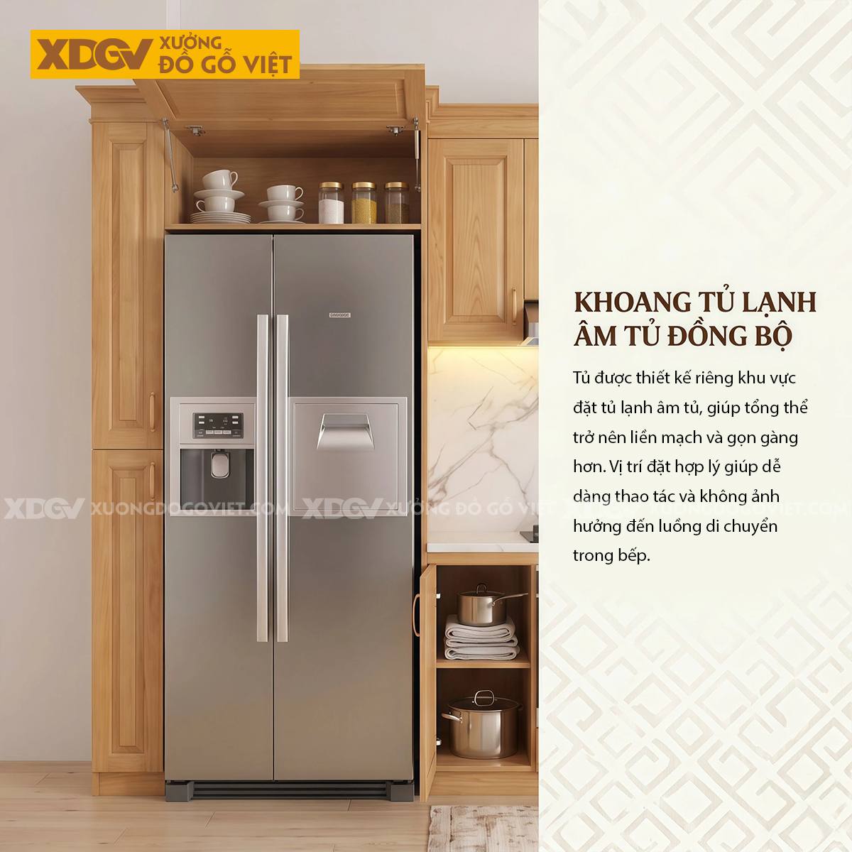 Mẫu Tủ Bếp Gỗ Sồi Dáng Chữ L Đa Ngăn Lưu Trữ Ốp Đá Trắng