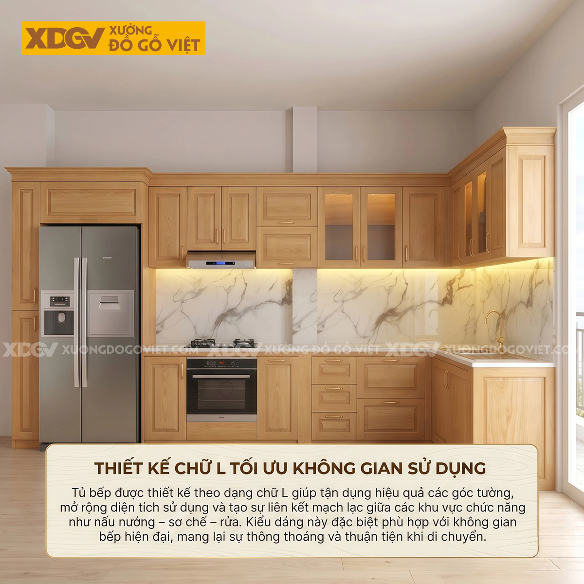 Mẫu Tủ Bếp Gỗ Sồi Dáng Chữ L Đa Ngăn Lưu Trữ Ốp Đá Trắng