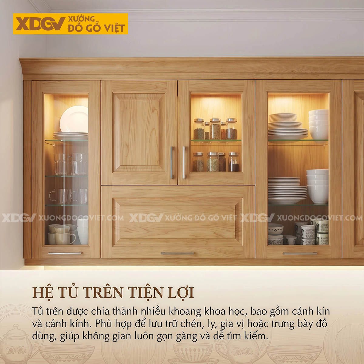 Mẫu Tủ Bếp Gỗ Sồi Mỹ Dáng Chữ I Ốp Mặt Đá Tích Hợp Tủ Kính
