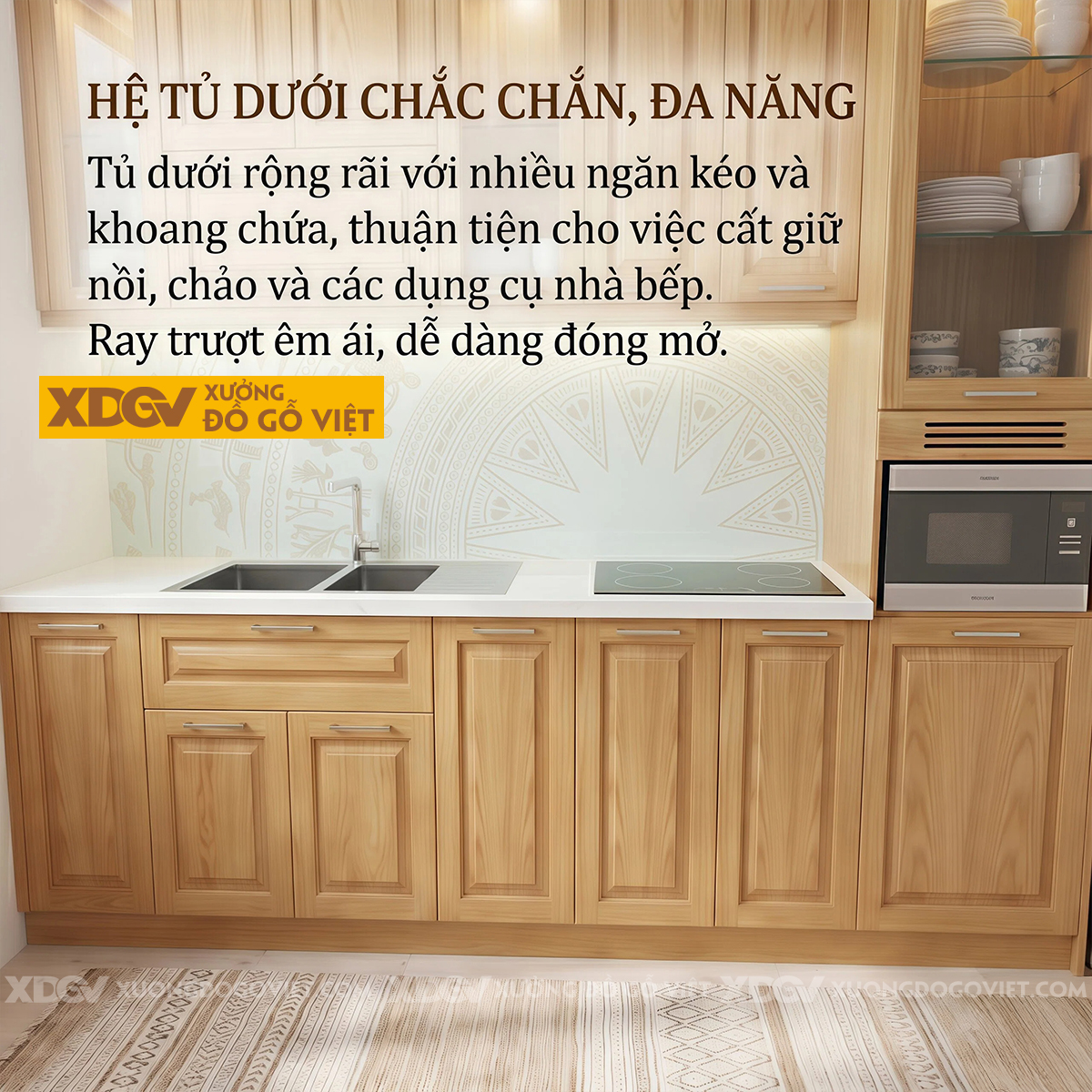 Mẫu Tủ Bếp Gỗ Sồi Mỹ Dáng Chữ I Ốp Mặt Đá Tích Hợp Tủ Kính