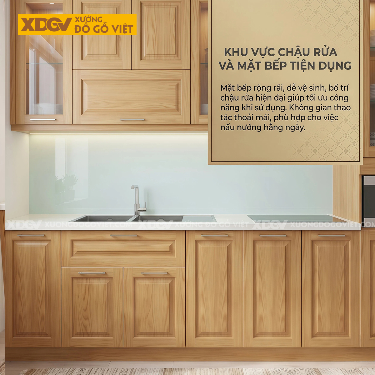 Mẫu Tủ Bếp Gỗ Sồi Mỹ Dáng Chữ I Ốp Mặt Đá Tích Hợp Tủ Kính