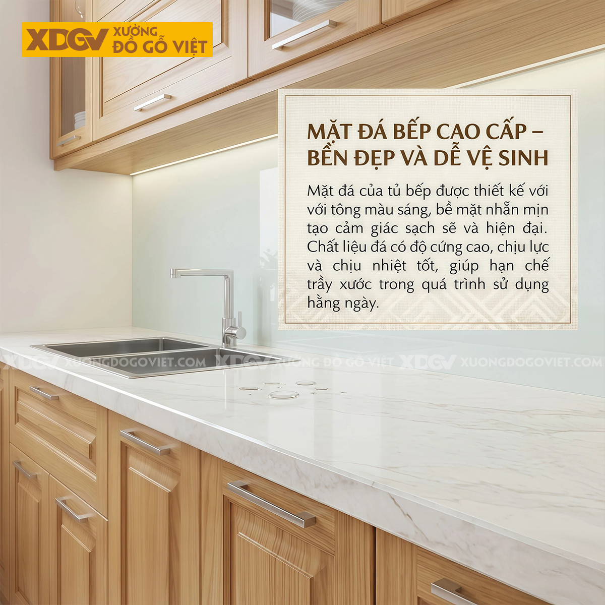 Mẫu Tủ Bếp Gỗ Sồi Mỹ Dáng Chữ I Ốp Mặt Đá Tích Hợp Tủ Kính