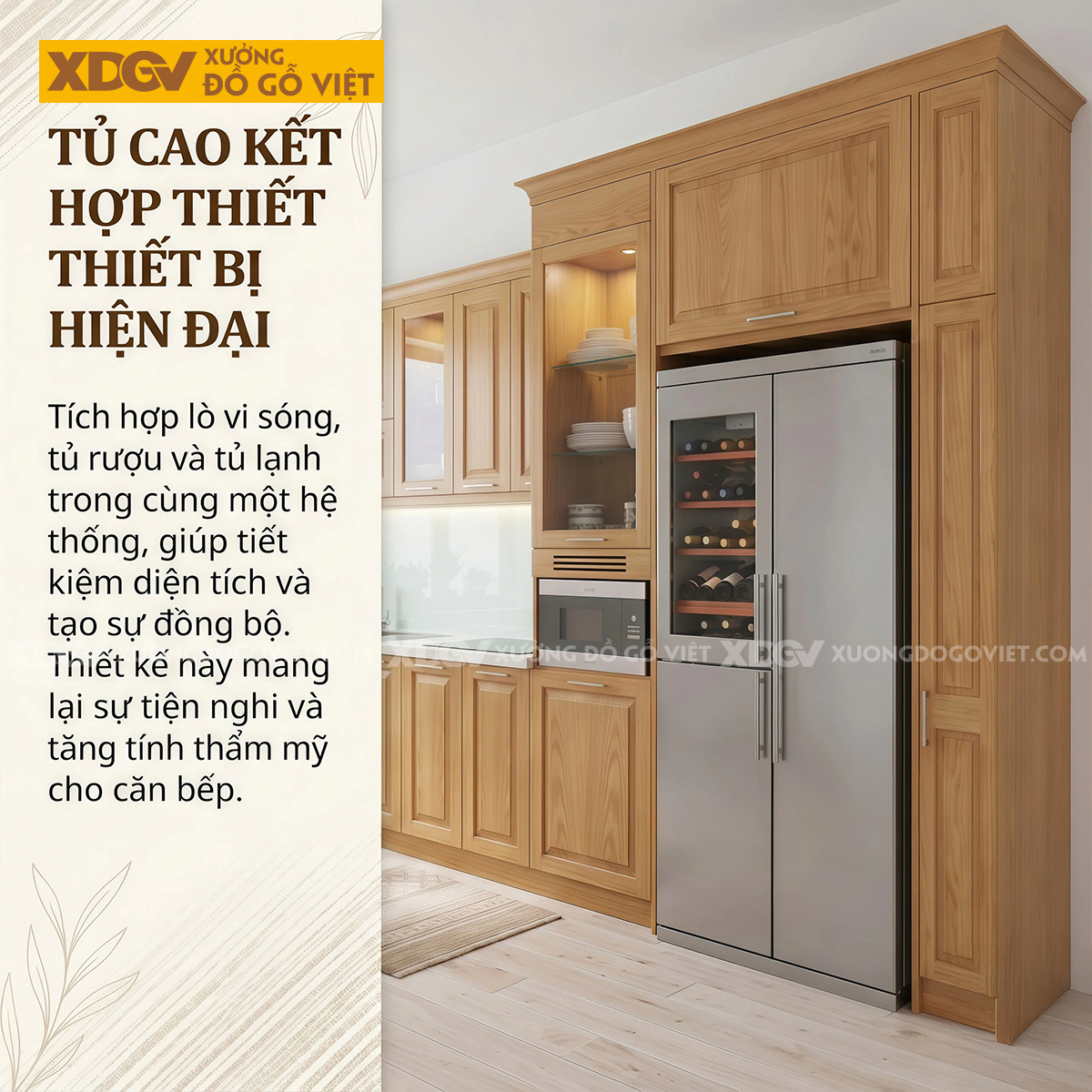 Mẫu Tủ Bếp Gỗ Sồi Mỹ Dáng Chữ I Ốp Mặt Đá Tích Hợp Tủ Kính