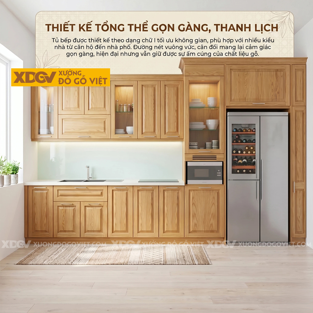 Mẫu Tủ Bếp Gỗ Sồi Mỹ Dáng Chữ I Ốp Mặt Đá Tích Hợp Tủ Kính